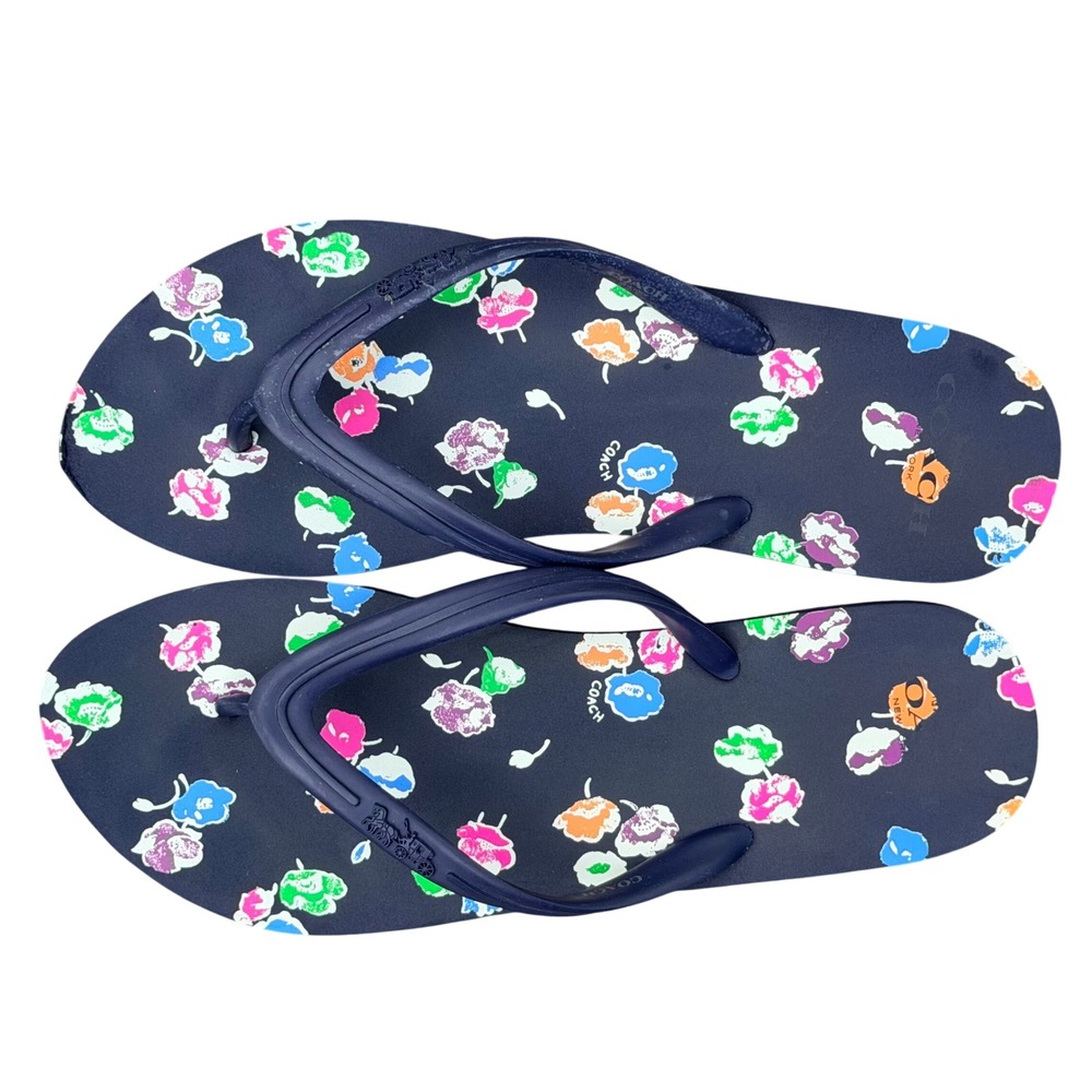 Coach‎ Navy Blue Floral Print Flip Flops Sandals Womens Size 9-10 Summer Beach